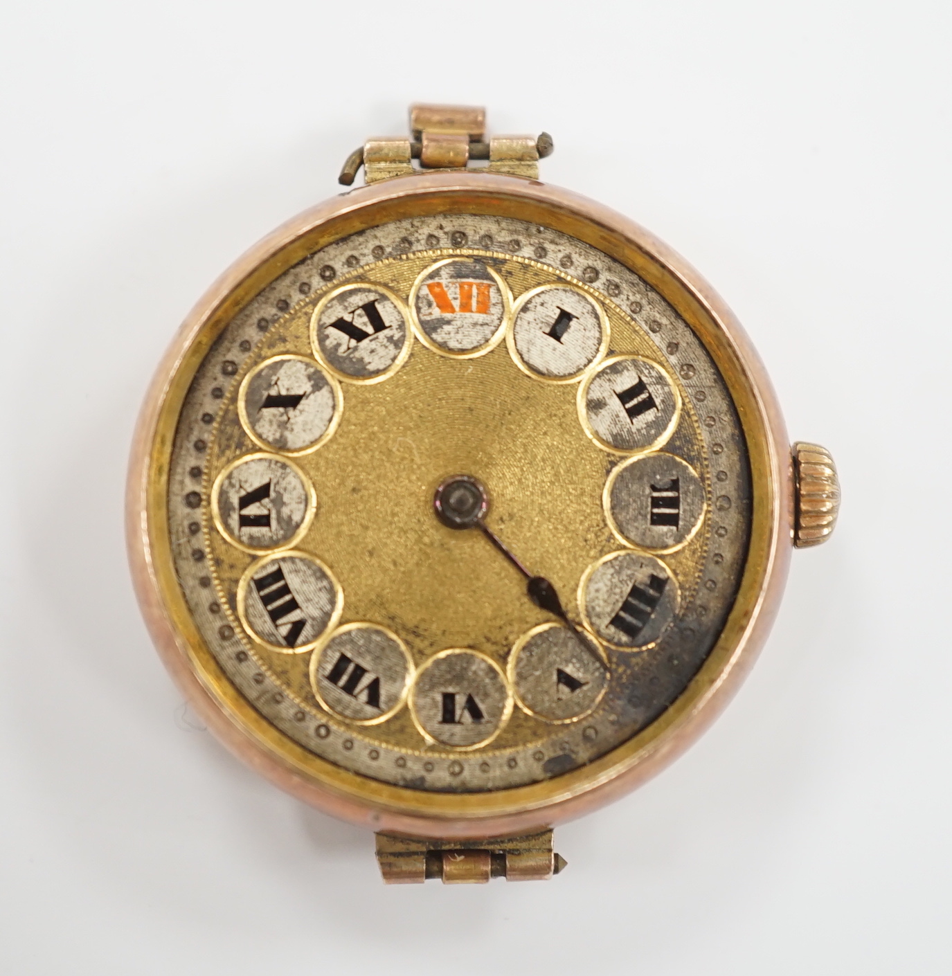 An early 20th century 9ct gold Rolex manual wind wrist watch, with detached associated flexible strap (a.f.).